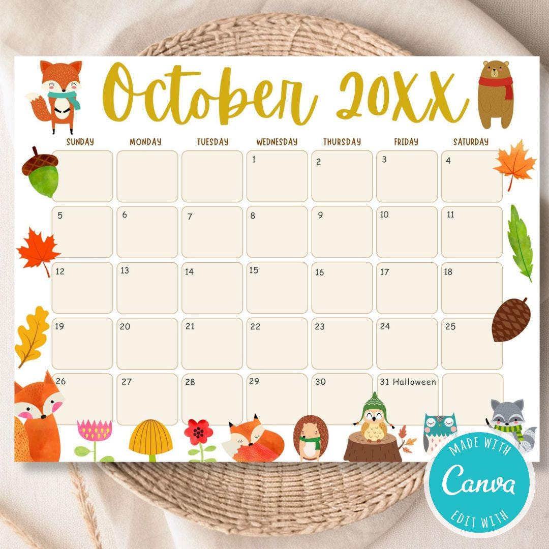 Editable October Cute Animal Fall Calendar Planner Template - Etsy