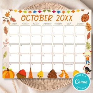 Editable Autumn Harvest October Calendar | Fall Themed Month of October Calendar | October Monthly Planner Page Template