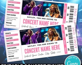 Plantilla editable de entradas para conciertos en vivo / Regalo de entradas para conciertos / Talón de entrada imprimible para eventos / Cupón sorpresa para entradas de conciertos