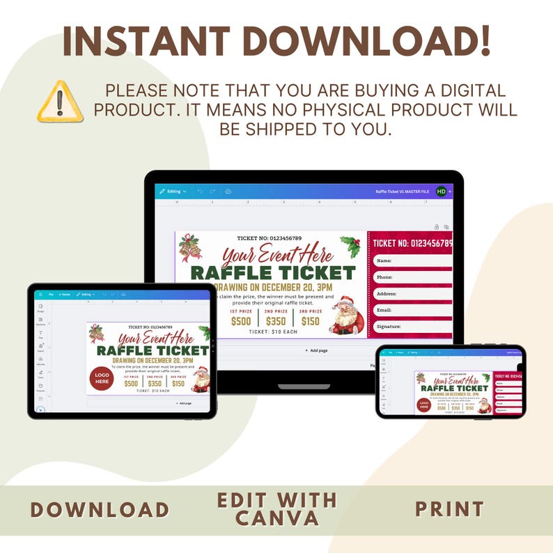 Editable Christmas Raffle Ticket Template: Printable Holiday & Church ...