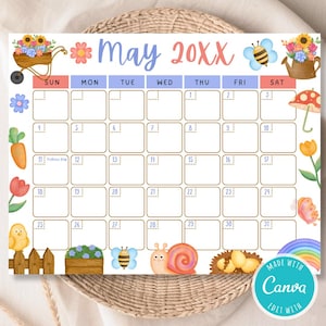 Op de afbeelding: Een printbare mei-kalender met een tuinthema. De kalender heeft een witte achtergrond met een lichtblauwe en roze kop. De kalender is versierd met bloemen, een bij, een slak, een wortel, een vogel en een paddenstoel. De tekst "Mei 20XX" staat bovenaan de kalender. De dagen van de week zijn in lichtblauwe letters aangegeven. De nummers van de dagen zijn in zwarte letters. De kalender is ontworpen om te worden afgedrukt en te gebruiken als een planner.