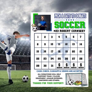 Editable Soccer Pick a Date to Donate, Football Sports Fundraising Calendar, Pay the Date Fundraiser, Instant Download