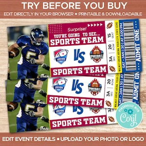 Editable Football Ticket Template |  Sports Game Ticket |  Surprise Gift Football Rugby Tickets |  Football Game Stub