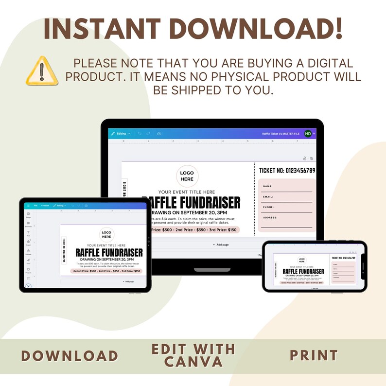 Instant Raffle Editable Raffle Fundraiser Ticket Template | Printable Charity Raffle ...