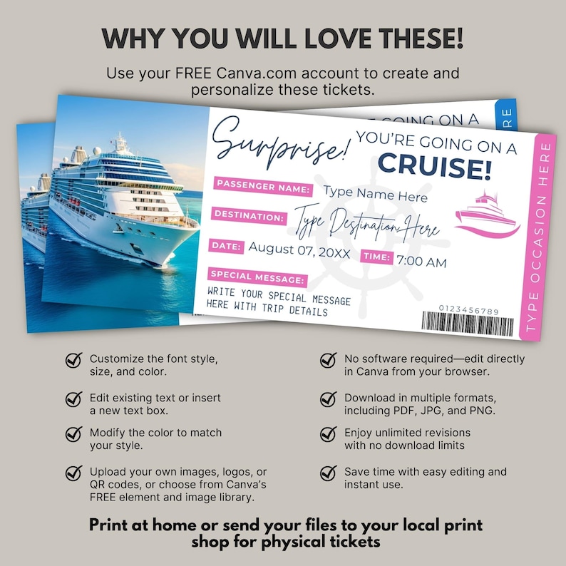 Editable Cruise Ticket Template | Printable Cruise Surprise Ticket | Gift Ticket | Cruise Surprise Boarding Pass | Cruise Vacation