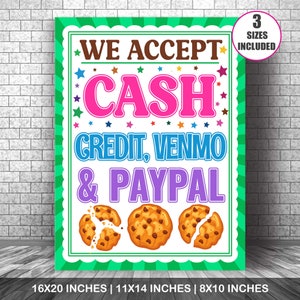 Afdrukbaar Wij accepteren betalingen Contant geld, tegoed, Venmo, Paypal, pdf-koekjeshokje, fondsenwervingshokje, bake-sale, banner scoutskoekjeshokje
