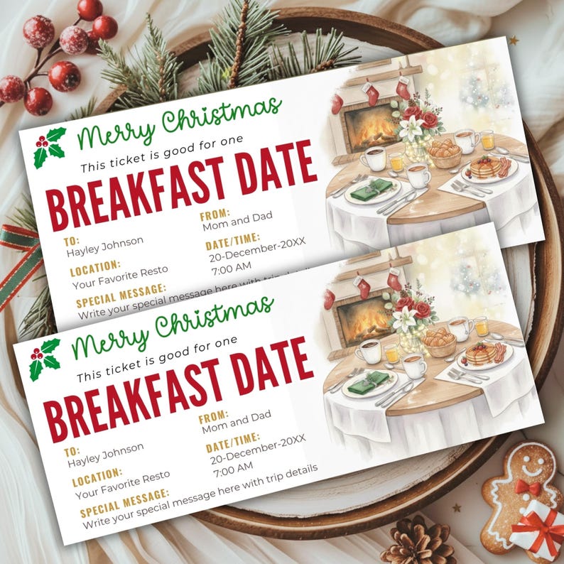 Christmas Breakfast Gift Ticket Template: Editable Breakfast Date ...