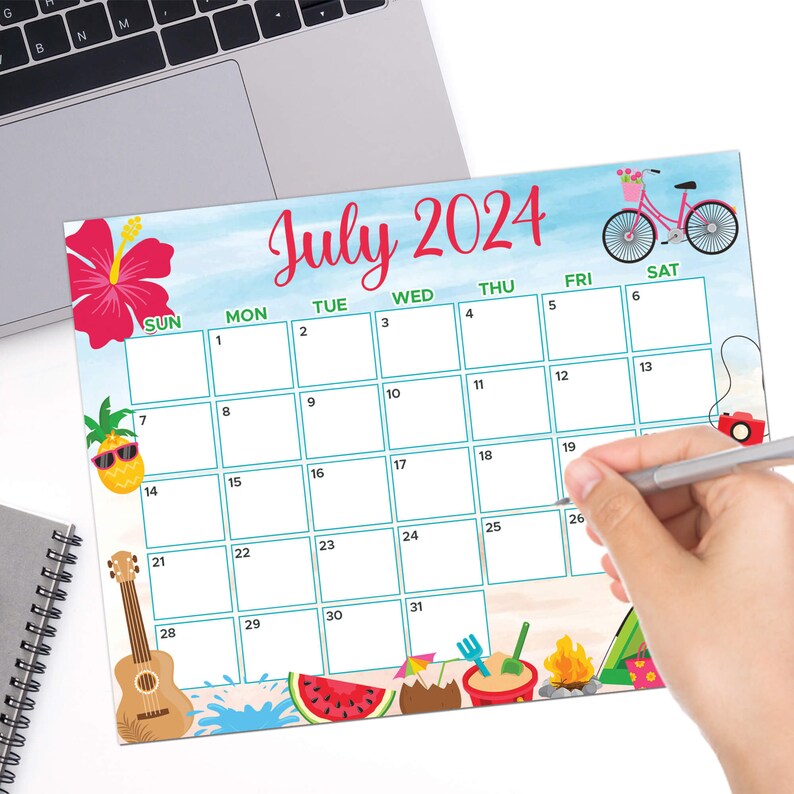 July 2024 Summer Calendar, Printable Cute Beach Summer Vibe Calendar ...
