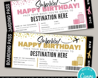 Modello di carta d'imbarco per compleanno a sorpresa/Biglietto aereo modificabile/Biglietto aereo per vacanze a sorpresa stampabile/Buono di viaggio