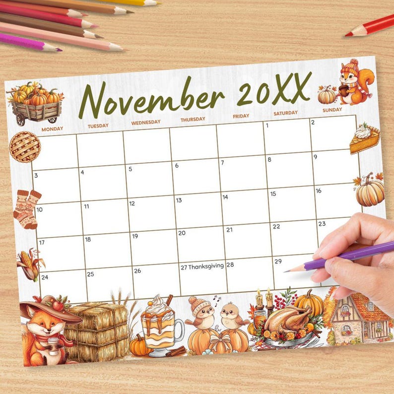 Editable Cute Art November Calendar Planner Template - Etsy