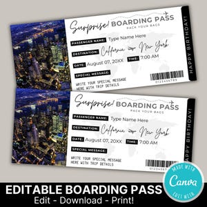 Modelo de Cartão de Embarque Faça Você Mesmo | Bilhete de Embarque Editável | Vale-presente de Viagem Personalizado para Imprimir | Download Instantâneo