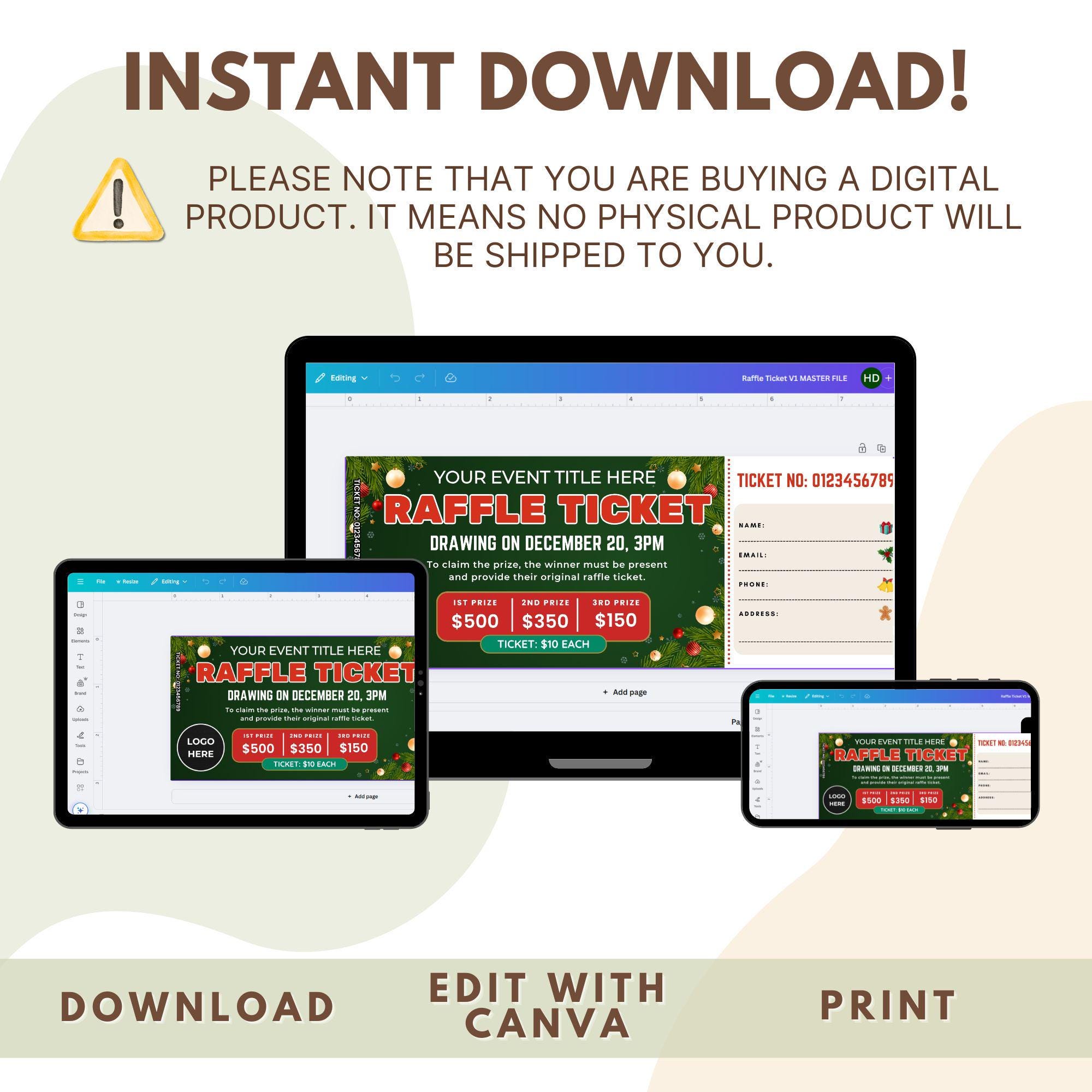 Editable Christmas Raffle Ticket Template: Xmas, Holiday and Fundraiser ...