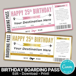 以下が含まれることがあります： ピンクとゴールドの2色の誕生日搭乗券。チケットには「Happy 25th Birthday」と書かれており、目的地と乗客の詳細を入力するスペースがあります。デザインは航空券を模倣しています。