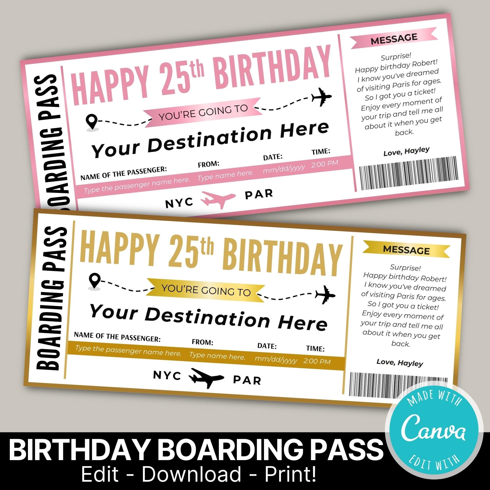 Birthday Boarding Pass Template | Surprise Trip Ticket Printable | Surprise Vacation Ticket | Vacation Birthday Airplane Ticket