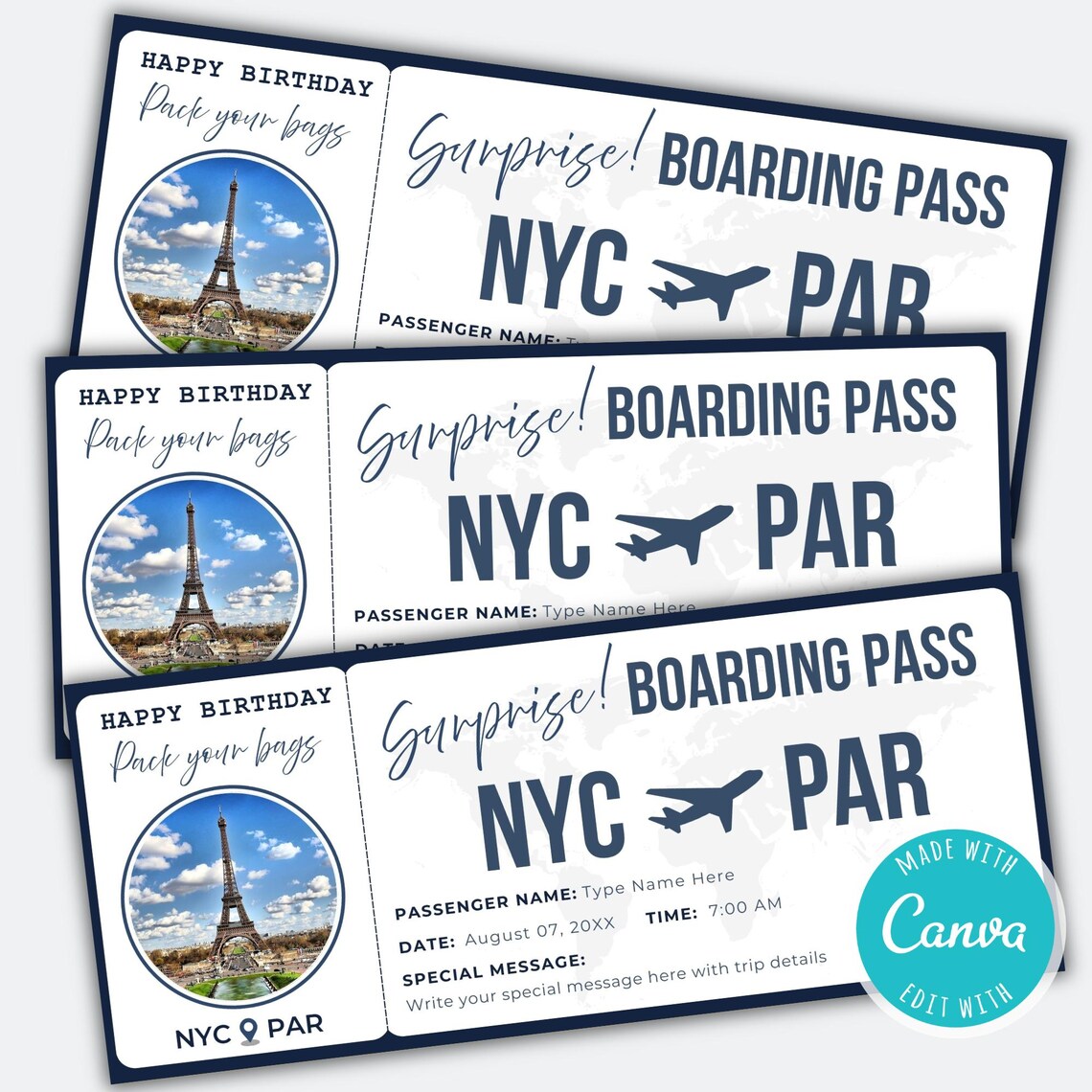 Editable Surprise Trip Gift Boarding Pass Ticket Template | Travel ...