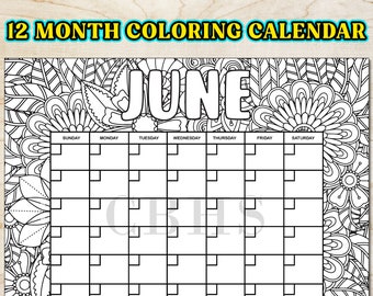 12 Month Adult Coloring Calendar Floral Pattern, Printable Adult Coloring Pages Yearly Calendar 2023, Blank Calendar Downloadable PDF