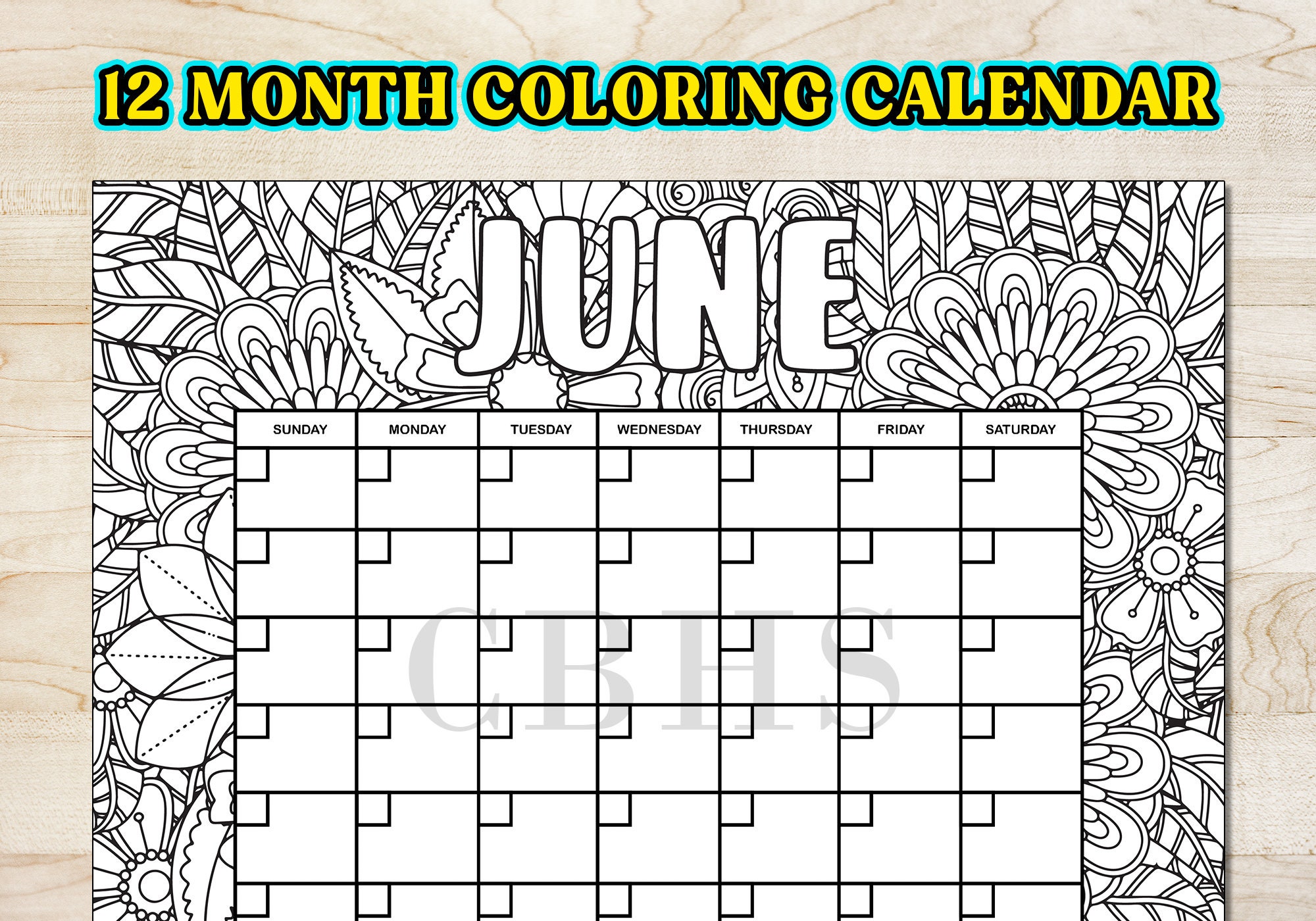 12 Month Adult Coloring Calendar Floral Pattern, Printable Adult Coloring Pages Yearly Calendar 2023, Blank Calendar Downloadable PDF