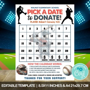 Editable Baseball Fundraising Calendar, Baseball, Pick a Date to Donate, Pay the Date Fundraiser, Instant Download