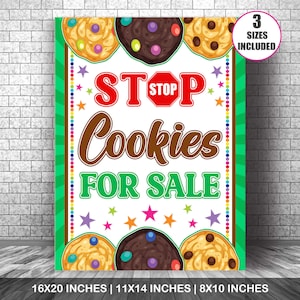 PDF Stop Cookies For Sale, Letrero imprimible para puesto de galletas, Póster para puesto de galletas, Venta de galletas, Puesto de recaudación de fondos, Banner para dejar caer galletas