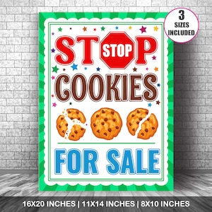 Letrero imprimible para puesto de galletas Stop Cookies For Sale, pancarta para dejar caer galletas, póster para puesto de galletas, venta de galletas, puesto para recaudar fondos, descarga instantánea