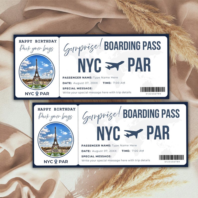 Editable Surprise Trip Gift Boarding Pass Ticket Template | Travel ...