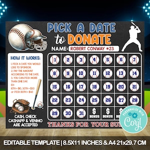 Editable Baseball Pick a Date to Donate Calendar Flyer, Pay the Date, Fundraiser, School Sports Fundraiser,