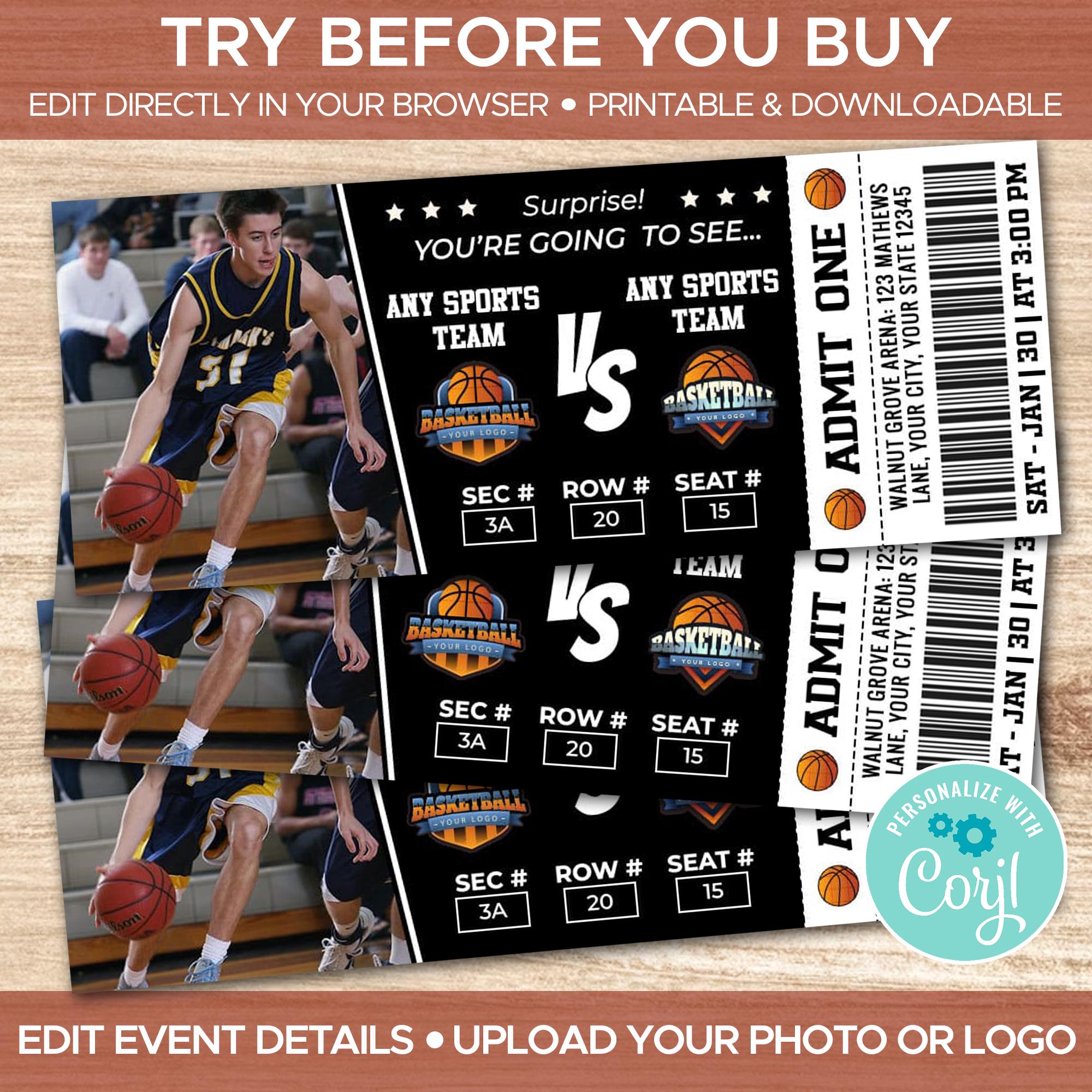 Bearbeitbare Basketball Game Ticket Vorlage |  Druckvorlage Sport Spiel Karte