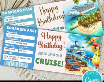 May include: Two cruise-themed birthday cards. One features a cruise ship near a tropical island, the other shows a cruise ship with lounge chairs and a cocktail. Both cards have "Happy Birthday!" and "You're going on a cruise!" text.