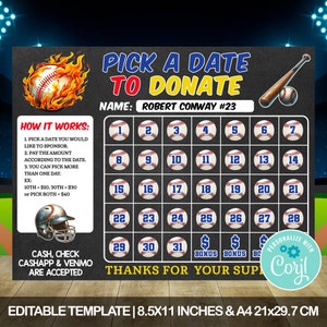 Editable Baseball Fundraiser Donation Calendar Template, Pick a Date to Donate, Baseball Fundraiser Template, Sport calendar
