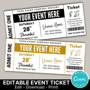 Bearbeitbare Event Ticket Vorlage | Geburtstagsüberraschung | Gutschein | Geburtstagskarte | Überraschungsticket-Vorlage | Schwarz und Gold Karte