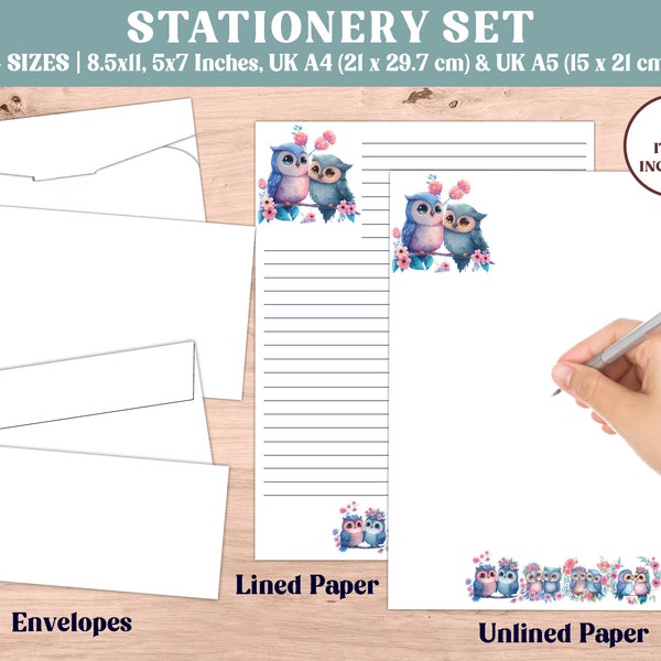 10 Piece Printable Stationary Set, Cute Valentines Owl Couple Stationary Kit, Printable Digital Stationary, Blank Note Pages Downloadable