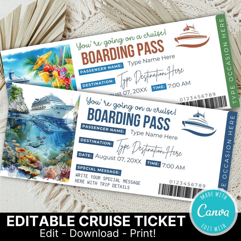 Custom Pass Tickets Editable Surprise Cruise Ticket Template | Custom Boarding Pass ...