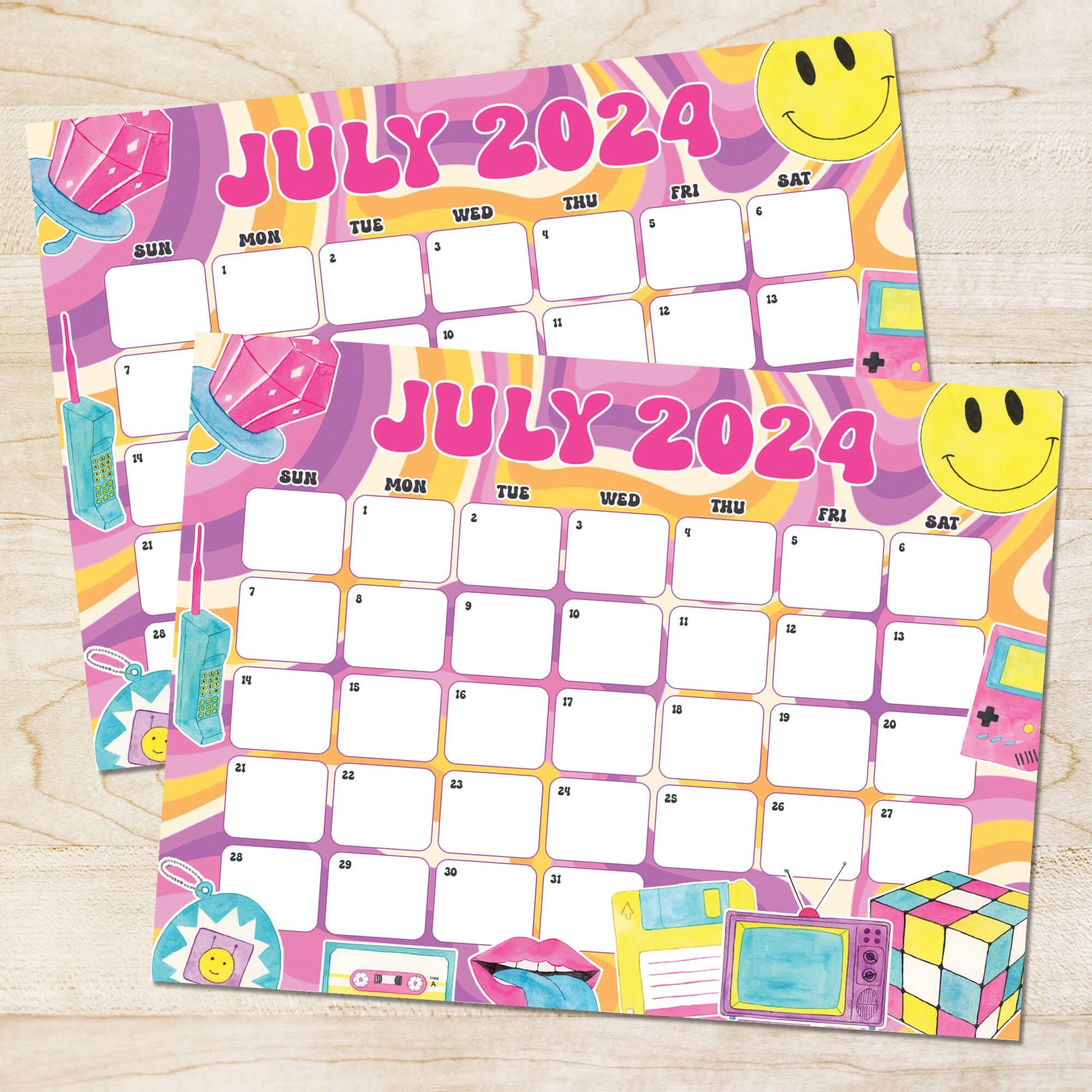 Colorful Retro Theme July 2024 Calendar, Printable Vintage Retro Vibe July Monthly Planner, Blank Calendar Downloadable PDF