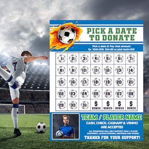Soccer Pick a Date to Donate Calendar Flyer, Football Fundraiser Sponsor Team Player, School Sports Fundraiser Template