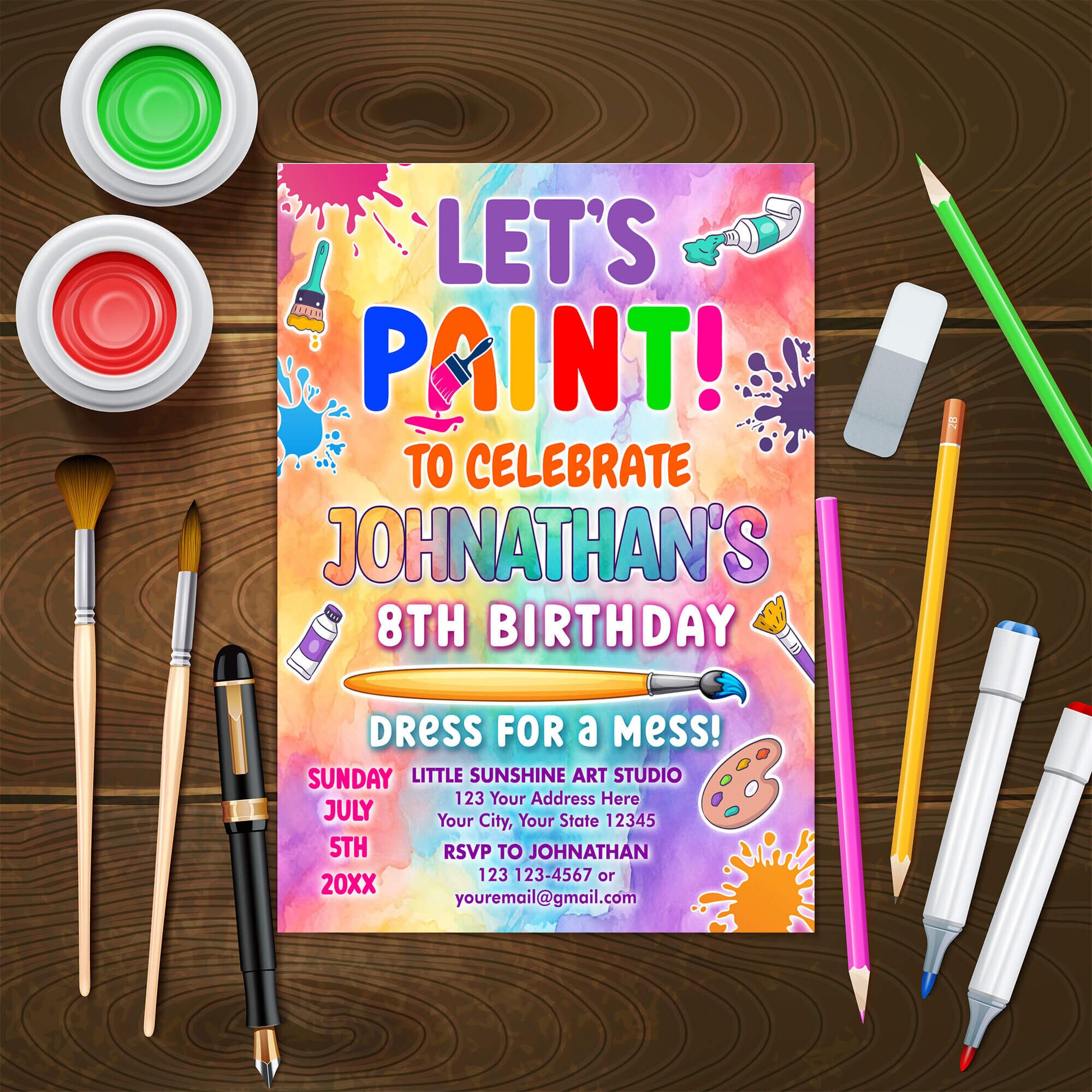 Editable Art Birthday Party, Paint Party Invitation Template, Rainbow Watercolor Paint Theme