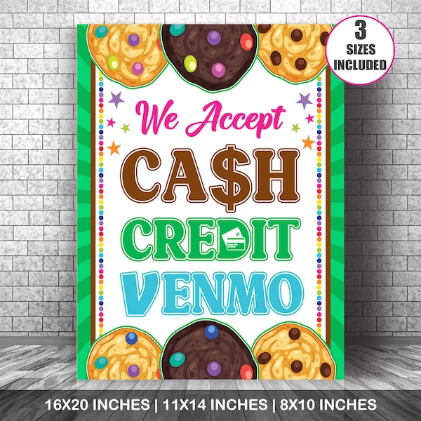 PDF We Accept Payments Sign Cash, Credit and Venmo, Printable Cookie Booth Scouts, Bake Sale, Cookie Booth Poster, Fundraising Booth