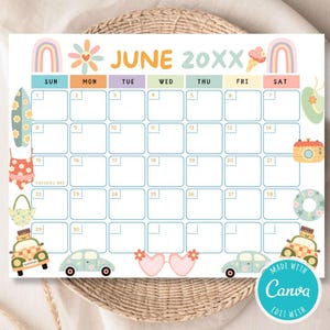 Editable Retro Summer June Calendar Template | Groovy Aesthetic Printable | Cute Boho Monthly Planner Page | Digital Download