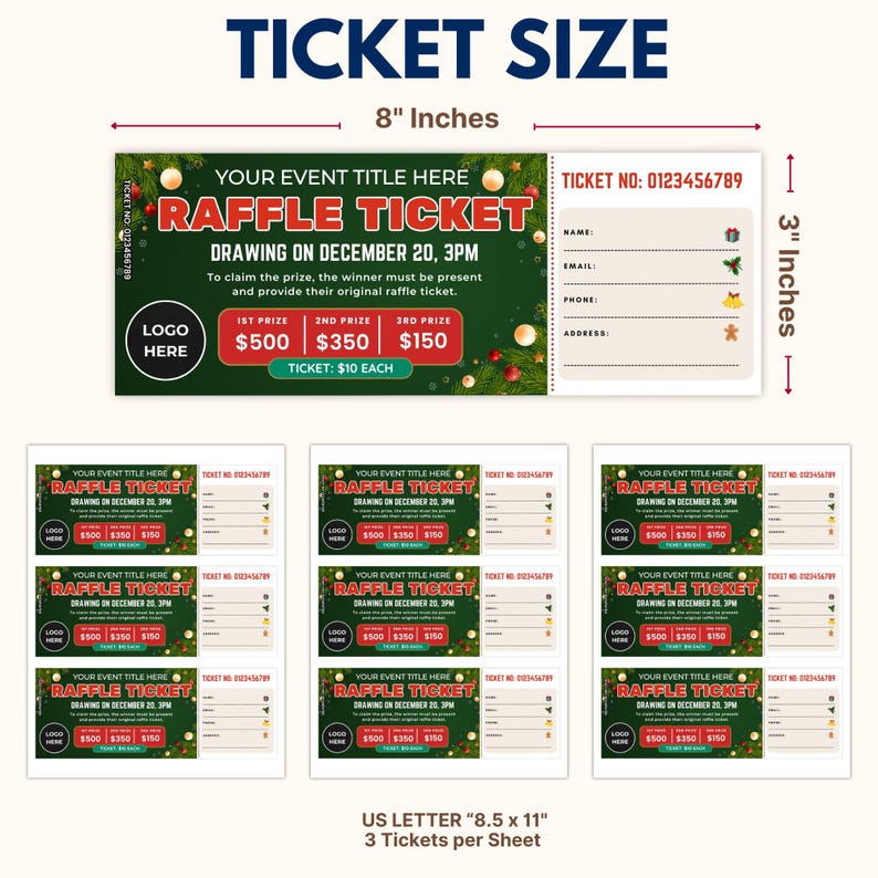 Editable Christmas Raffle Ticket Template: Xmas, Holiday and Fundraiser ...