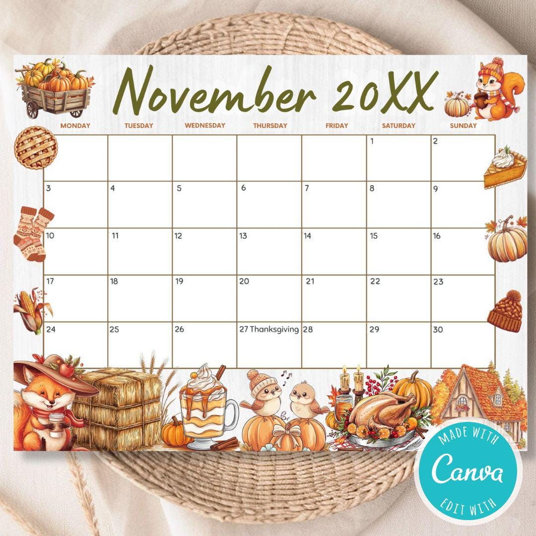 Editable Cute Art November Calendar Planner Template - Etsy