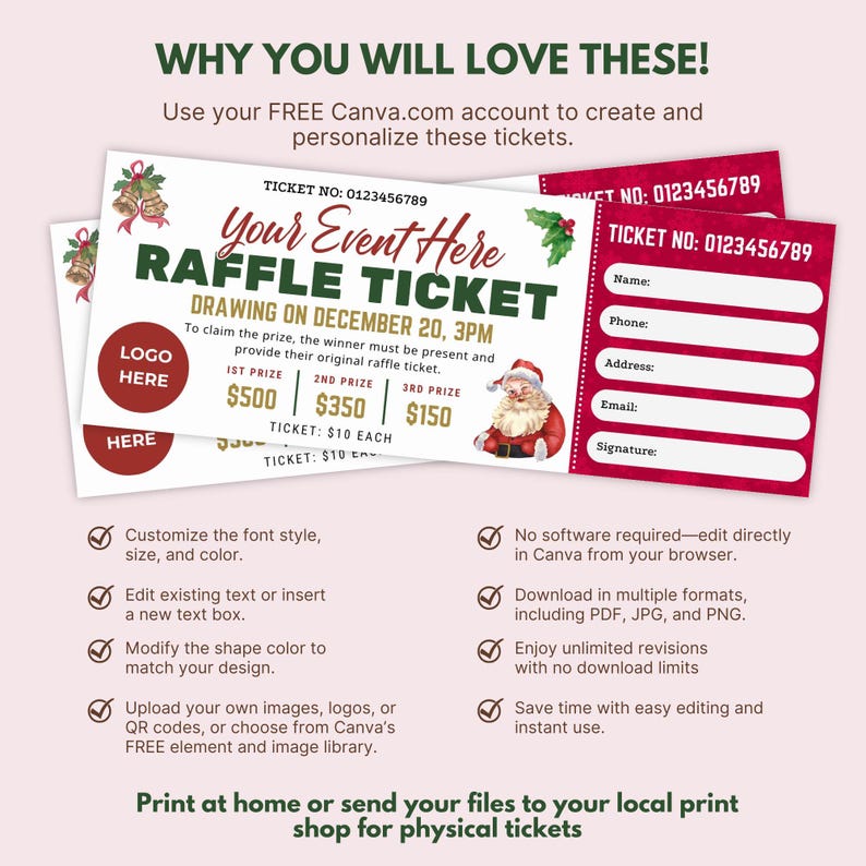 Editable Christmas Raffle Ticket Template: Printable Holiday & Church ...