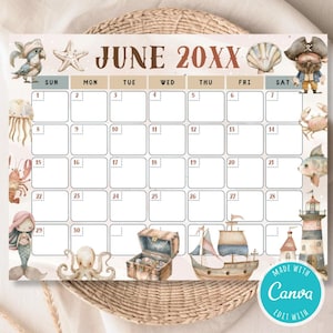 Editable June Calendar Template | Boho Pirate & Ocean Theme | Cute Mermaid Digital Planner | Monthly Digital Download