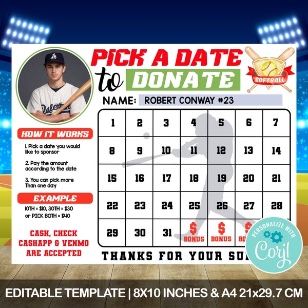 Editable Softball Fundraiser Pick A Date To Donate Calendar, Softball Calendar Fundraiser, Sport Calendar Fundraiser, Paperless Post