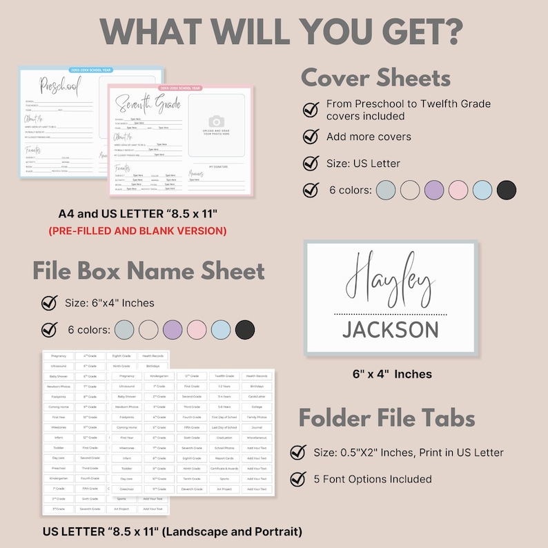 Memory Box Starter Kit | File Cover Pages, Tabs & Box Label | Editable Milestone Pages | Baby Keepsake File Box | School Year Questionnaire