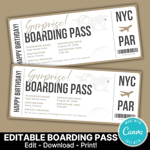 May include: Two beige boarding passes with the text "Surprise! Boarding Pass" and "Happy Birthday!" The destination is Paris, France. Includes a world map graphic and the text "NYC PAR".