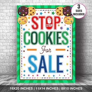 Letrero para puesto de galletas, cartel para puesto de galletas, venta de galletas, pancarta para dejar caer galletas, puesto de recaudación de fondos, descarga instantánea