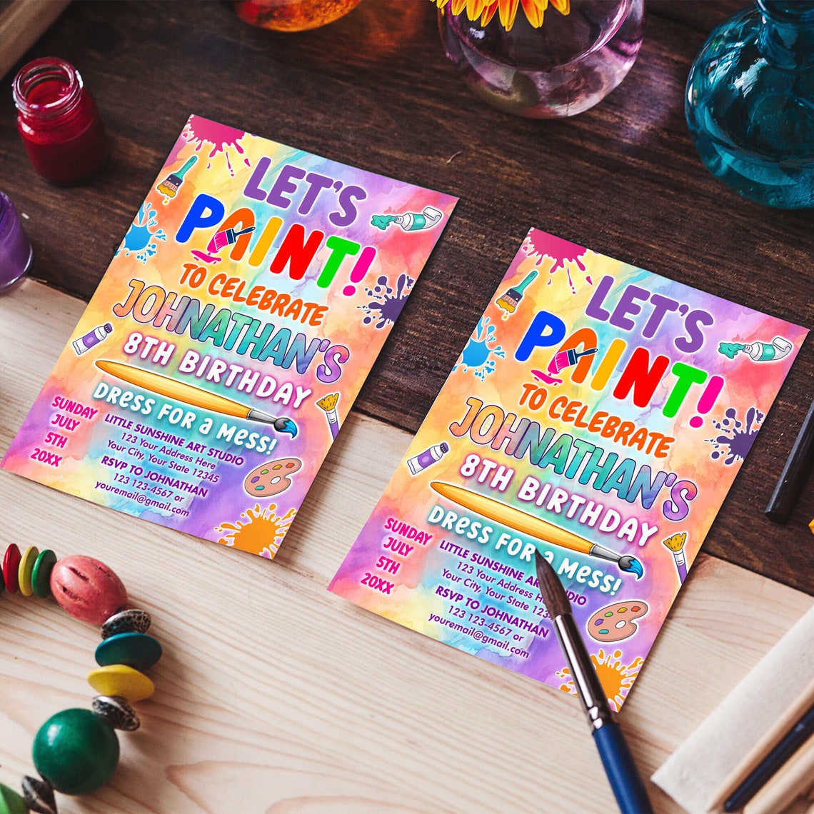 Editable Art Birthday Party, Paint Party Invitation Template, Rainbow Watercolor Paint Theme