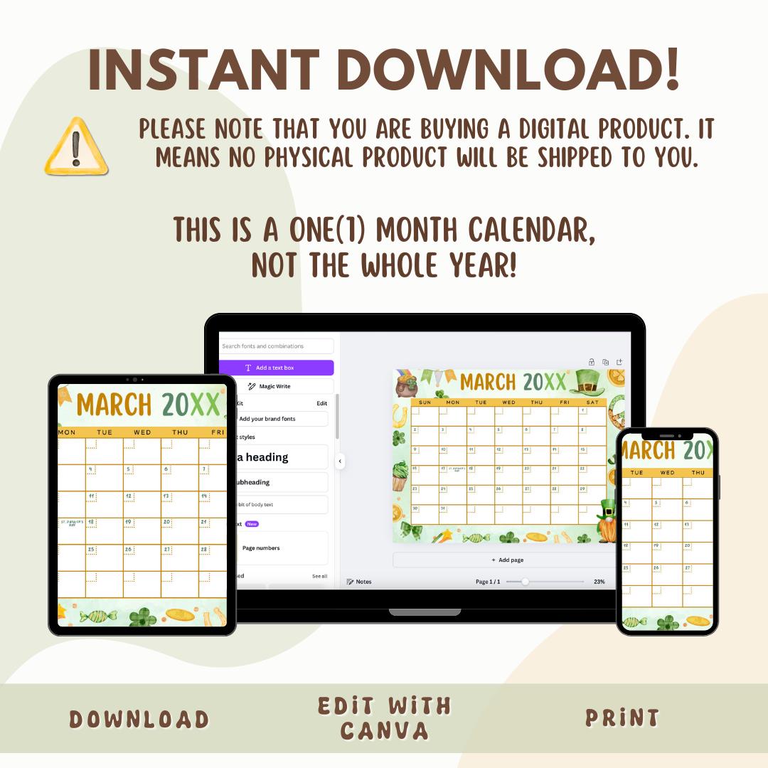 Editable and Printable March 2025 Calendar | St. Patrick’s Day Themed ...