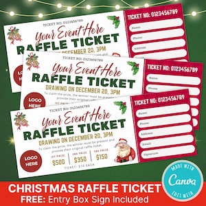 以下が含まれることがあります： お祭りのデザインが施されたクリスマスラッフルチケットです。「Your Event Here Raffle Ticket」の文字とサンタクロースのイラストが特徴です。チケットは白地に赤と緑のアクセントが施されています。