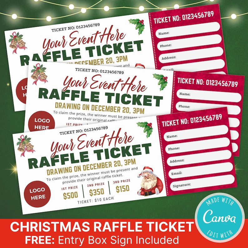Editable Christmas Raffle Ticket Template: Printable Holiday & Church ...