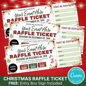 以下が含まれることがあります： お祝いの装飾が施されたクリスマスラッフルチケット。「Your Event Here Raffle Ticket」と書かれ、賞金額が記載されています。チケットには、名前、電話番号、住所、メールアドレス、署名を入力するスペースがあります。